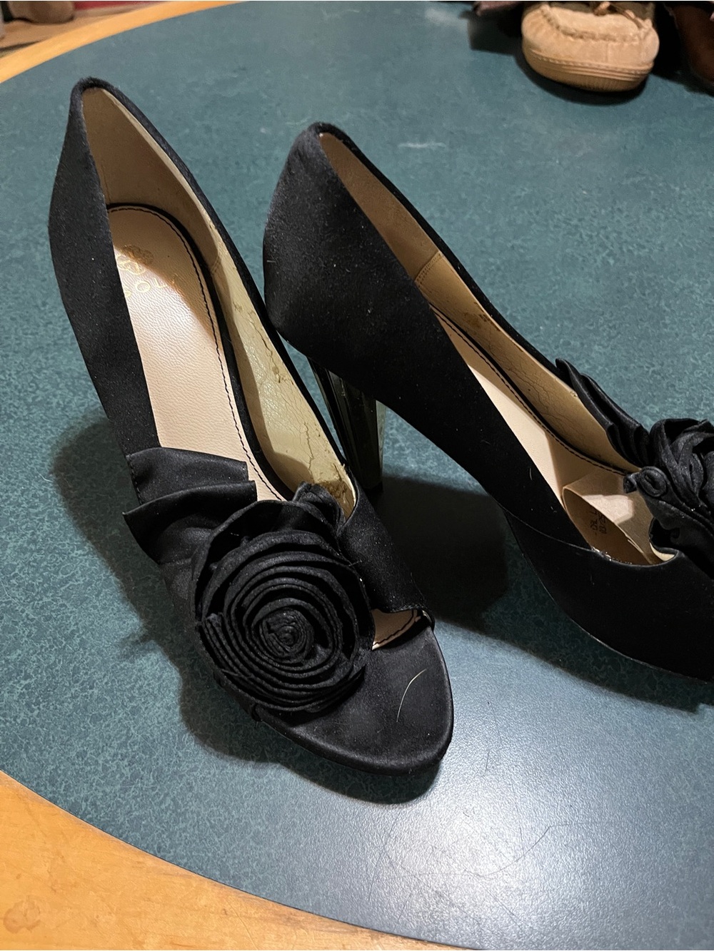 Isola Black Satin Peep-Toe Pumps with Rosette 9.5 - Picture 2 of 7